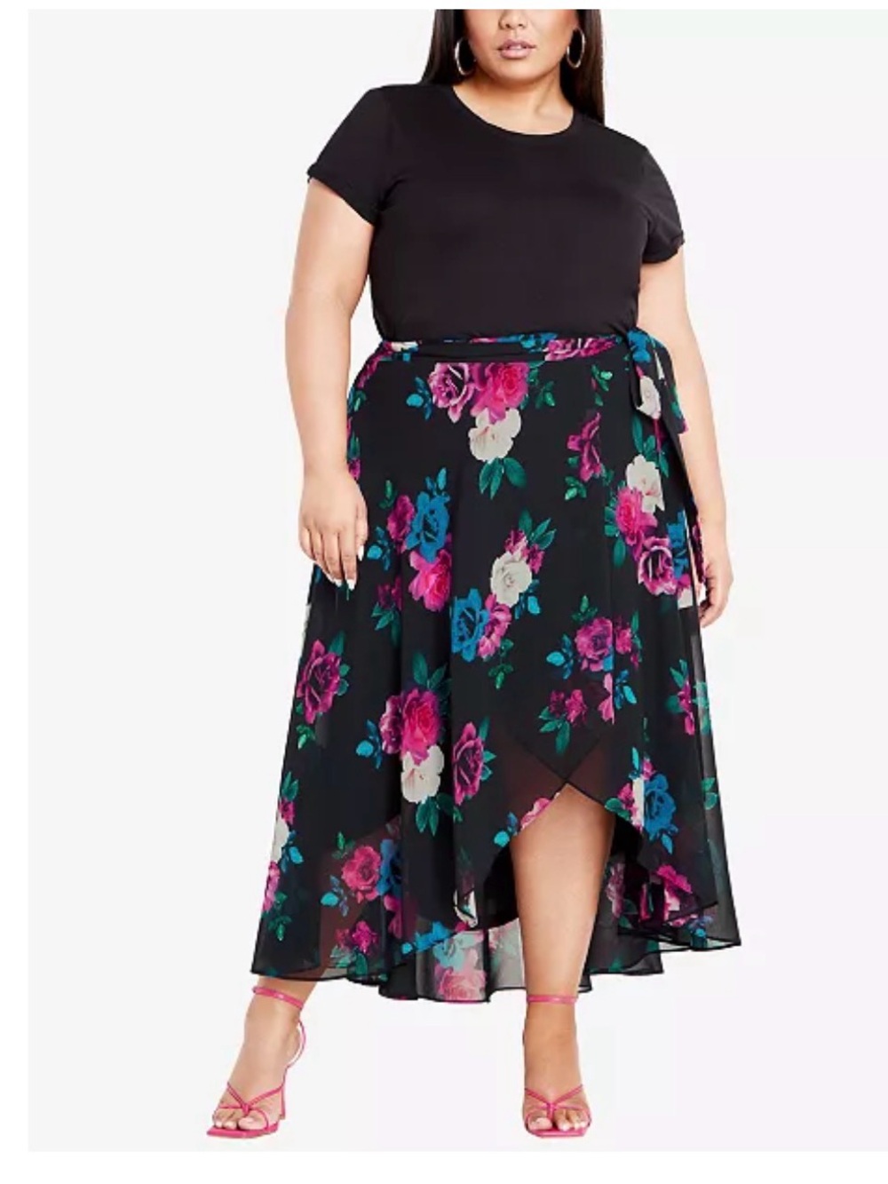 City Chic Black Floral Plus Size Wrap Skirt with Pink, Blue & White Roses